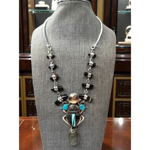 Hemerson Brown Navajo Sterling Scarab Necklace 14k Turquoise Labradorite 18in - Picture 1 of 14